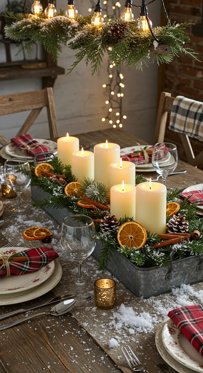 Centre de table rustique avec bougies, oranges séchées et cannelle.