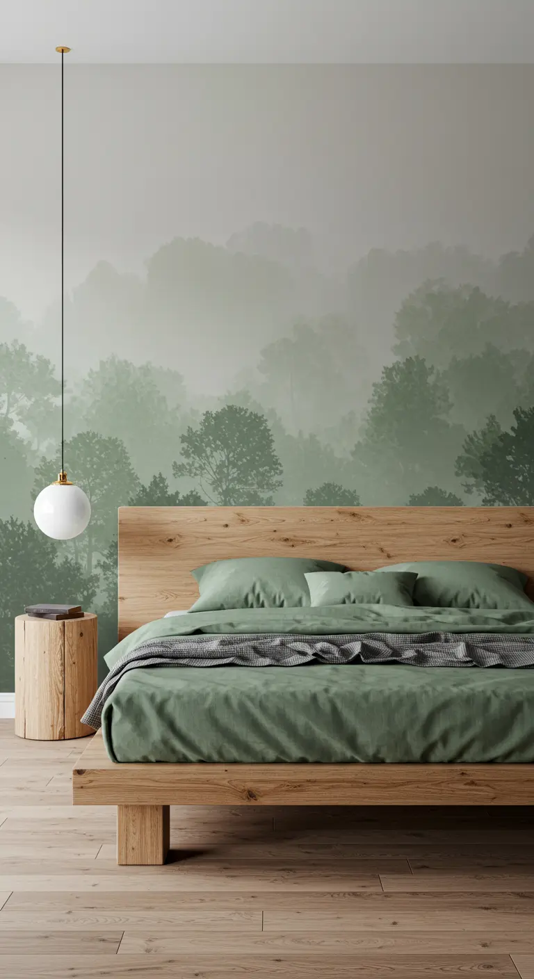 Un papier peint panoramique représentant une forêt brumeuse dans les tons verts derrière un lit en bois.
