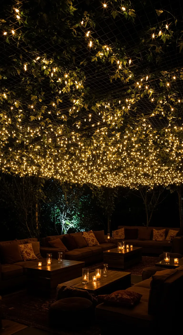 Un filet tendu au plafond est couvert de centaines de petites lumières et de feuilles vertes.