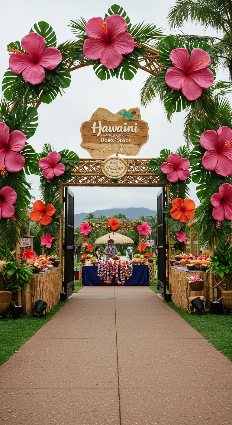 Arche d'entrée de fête décorée de grandes fleurs d'hibiscus roses et de feuilles de palmier.