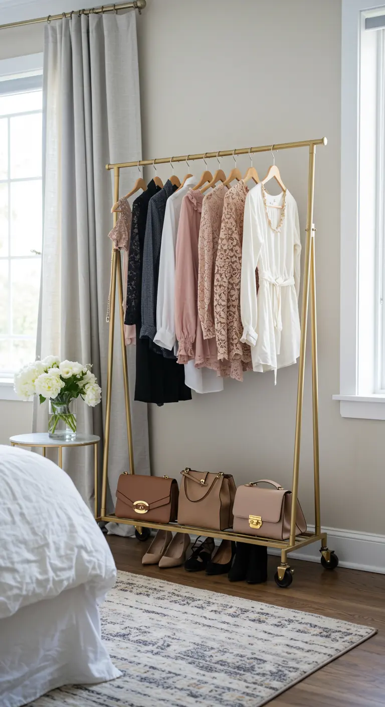 Portant à vêtements doré sur roulettes avec une sélection de tenues, placé dans une chambre élégante.