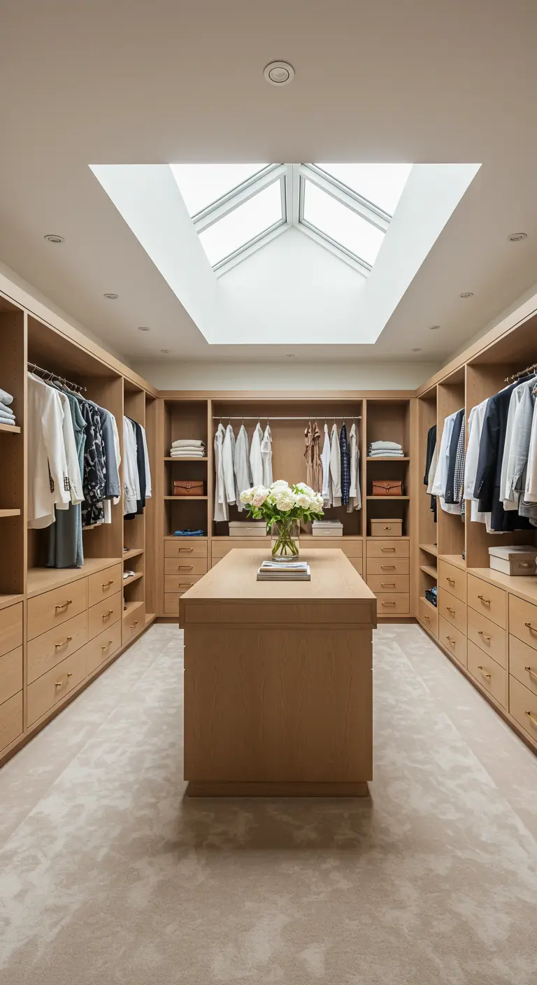 Grand dressing en bois avec un îlot central, baigné de lumière naturelle grâce à un grand velux au plafond.