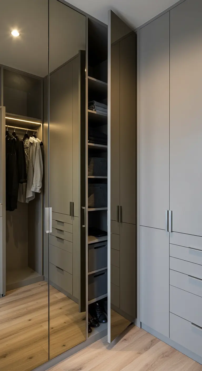 Armoire grise avec une porte miroir qui s'ouvre sur une unité de rangement verticale coulissante.