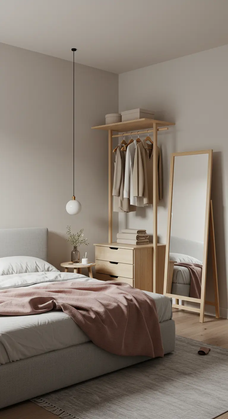 Coin chambre avec un portant en bois clair, un miroir et un lit.