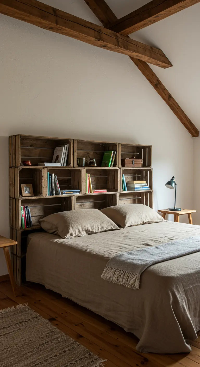 Tête de lit bibliothèque faite de caisses en bois empilées, dans une chambre rustique.