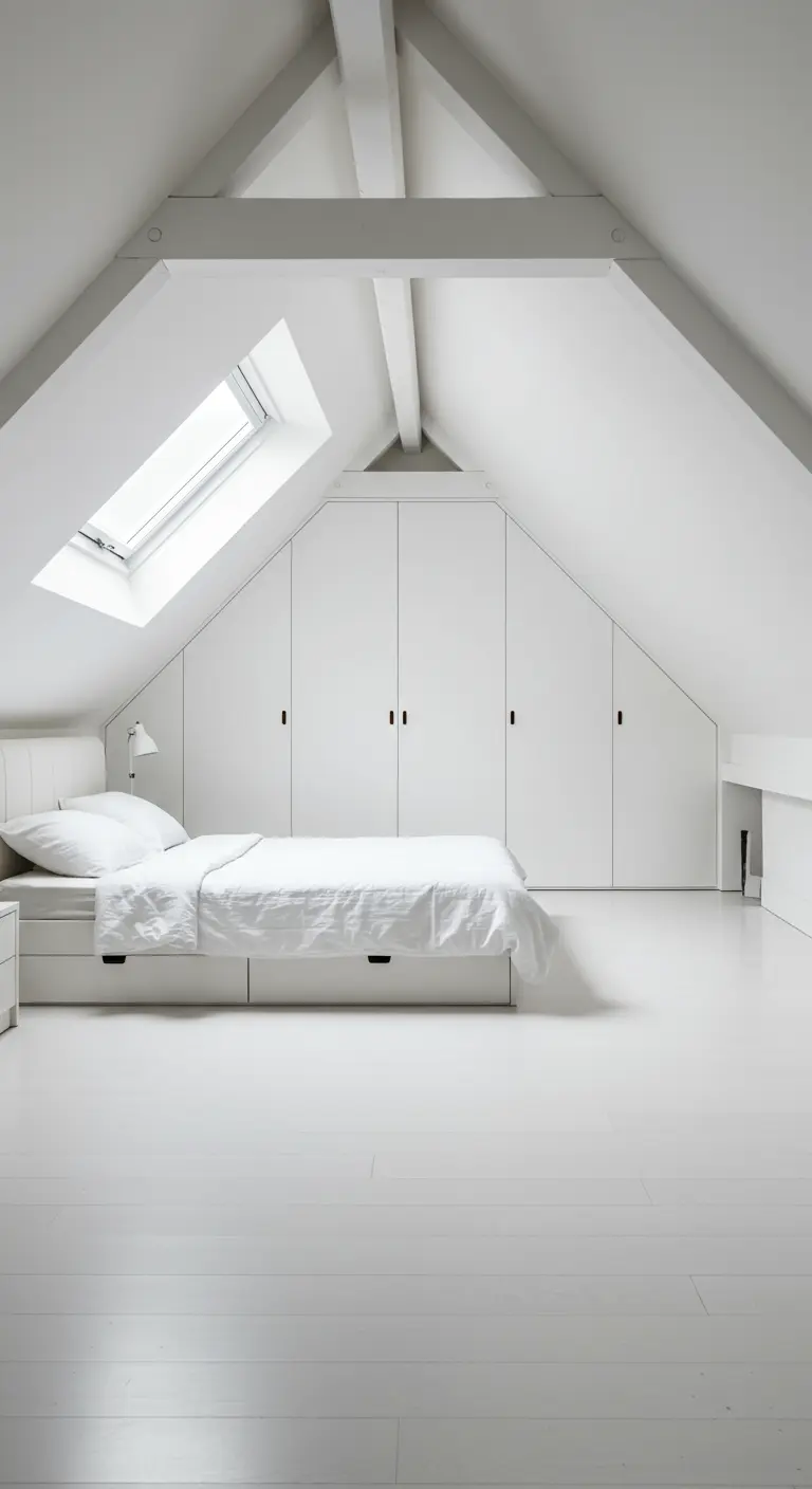 Chambre mansardée blanche avec des armoires sur mesure intégrées sous la pente du toit.