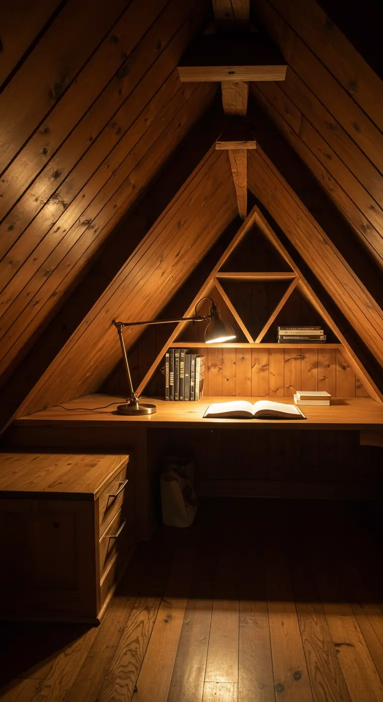 Bureau en bois intégré dans une niche triangulaire sous les combles d'un chalet.