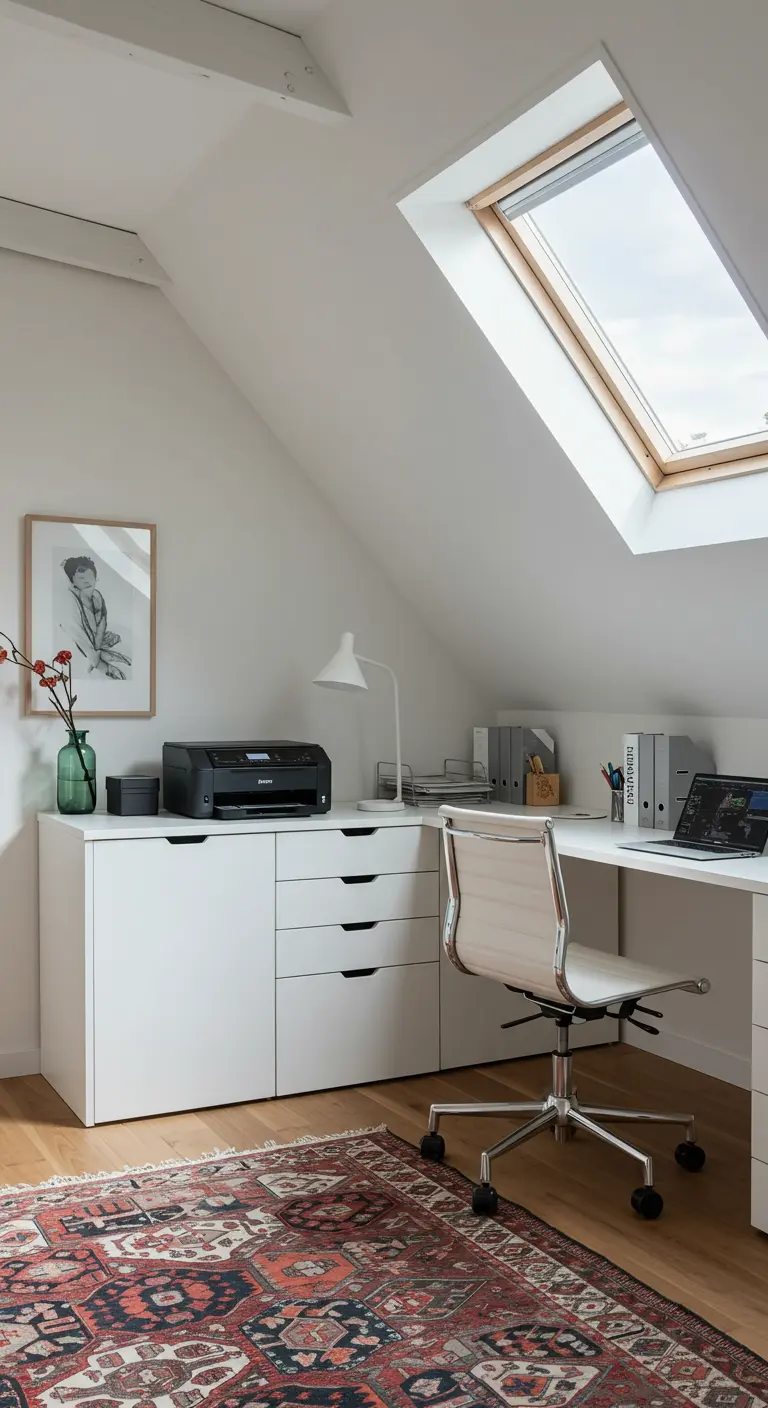 Bureau blanc sous les combles avec des caissons de rangement bas.