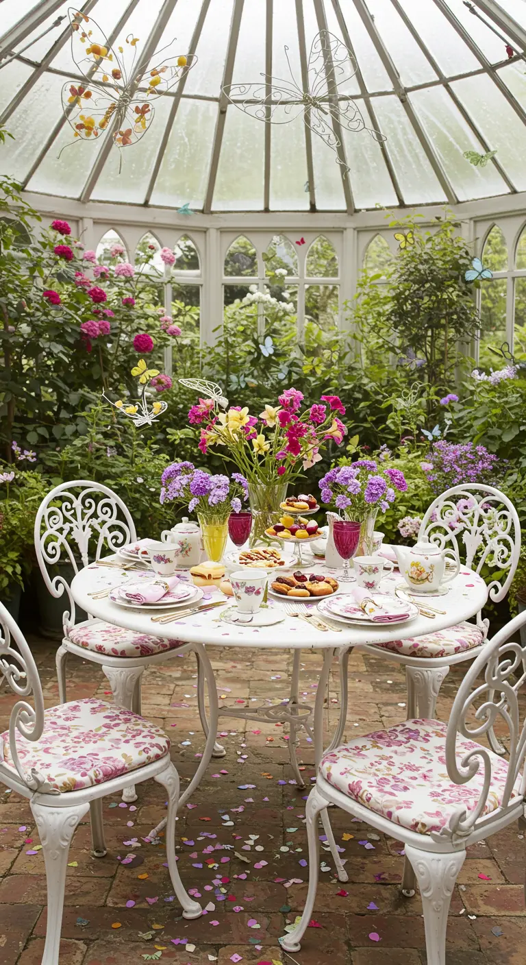 Table de brunch dans une véranda avec des pétales de fleurs éparpillés au sol.
