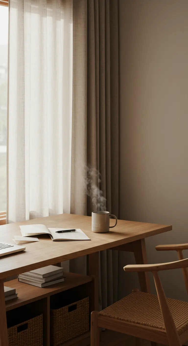 Tasse de café fumante et carnet ouvert sur un bureau en bois baigné de lumière.
