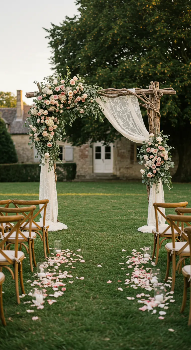 Arche en bois brut avec roses pâles et dentelle dans un jardin de manoir.