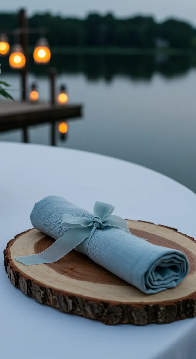 Serviette bleue roulée et nouée d'un ruban, posée sur une tranche de bois.