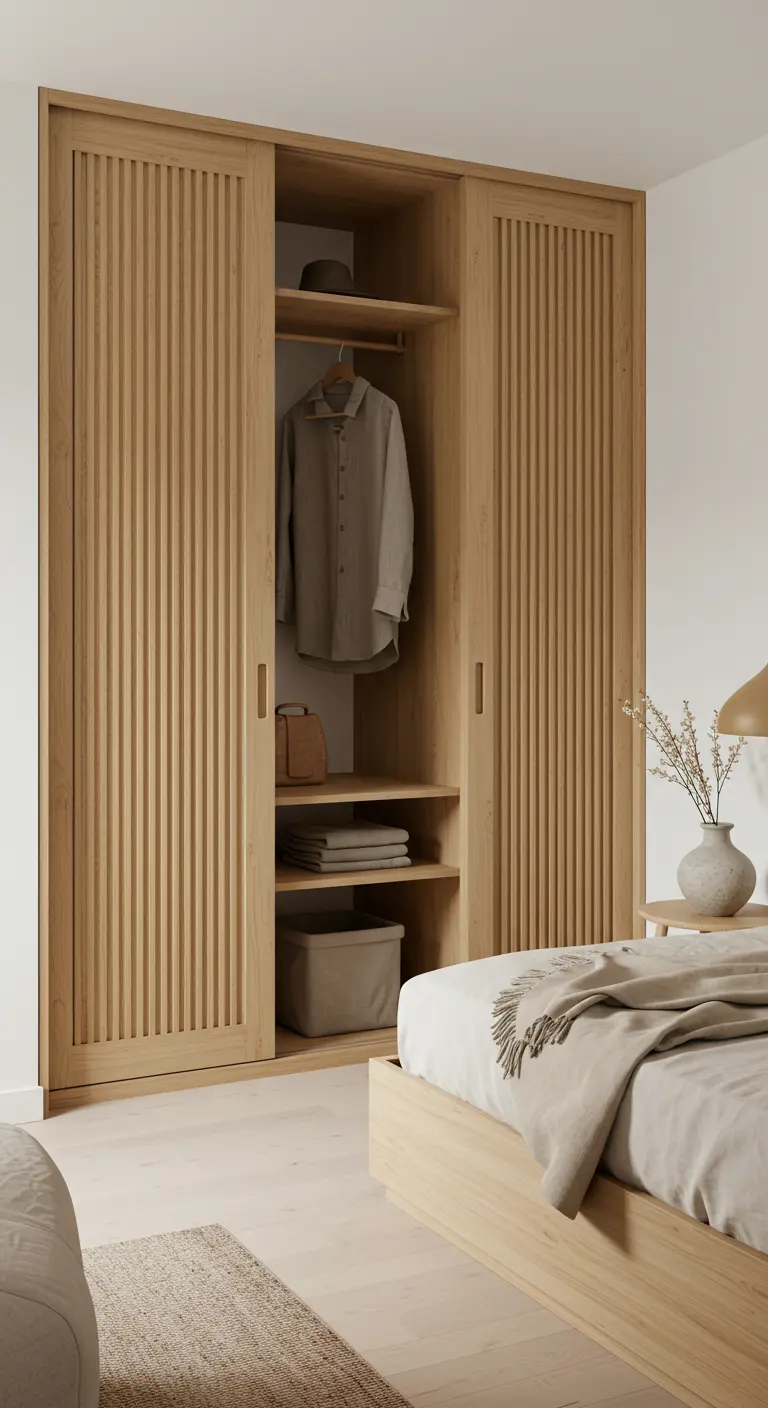 Dressing avec portes coulissantes en bois clair à lattes verticales.