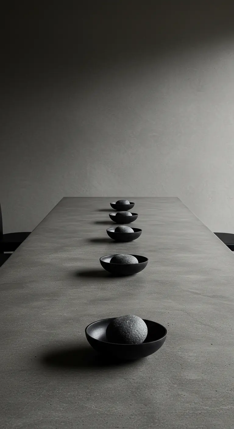 Une rangée de bols en céramique noire contenant chacun un galet gris sur une table en béton.