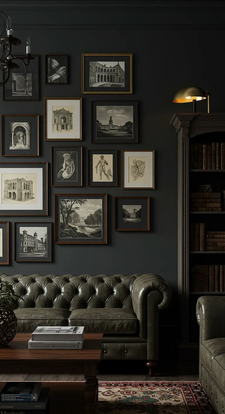 Mur de cadres de style académique sur un mur gris foncé, derrière un canapé Chesterfield en cuir.