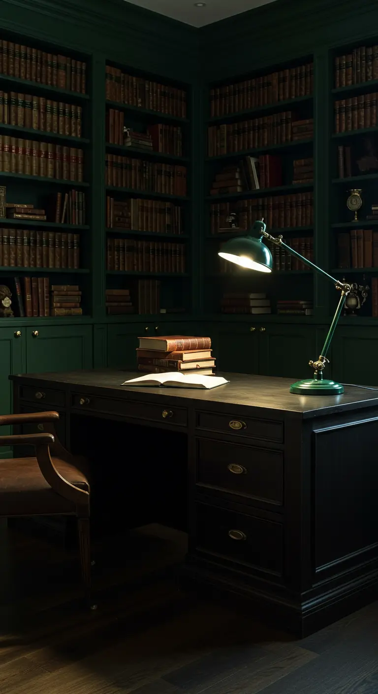 Bureau en bois sombre dans une bibliothèque aux murs et étagères vert foncé.