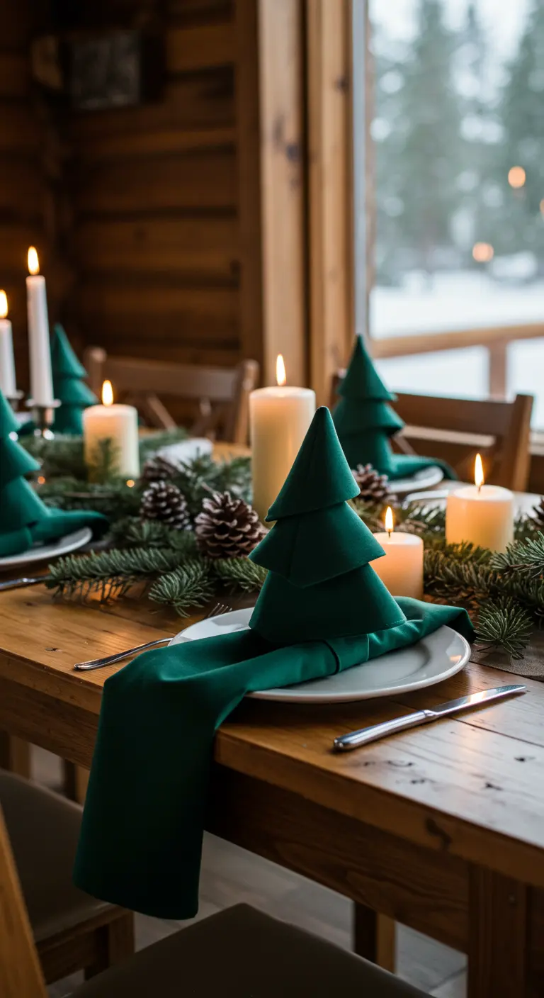 Serviette vert foncé pliée en forme de sapin de Noël sur une table en bois.