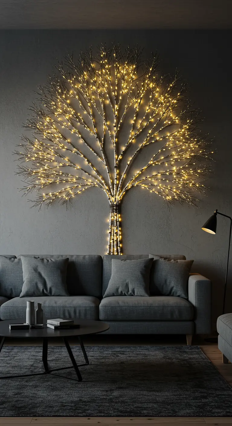 Sapin de Noël alternatif créé avec des branches et des guirlandes lumineuses sur un mur gris.
