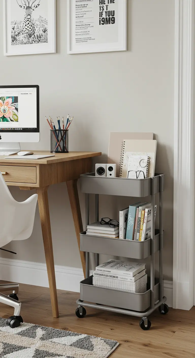 Desserte grise à roulettes à côté d'un bureau en bois, contenant livres et carnets.