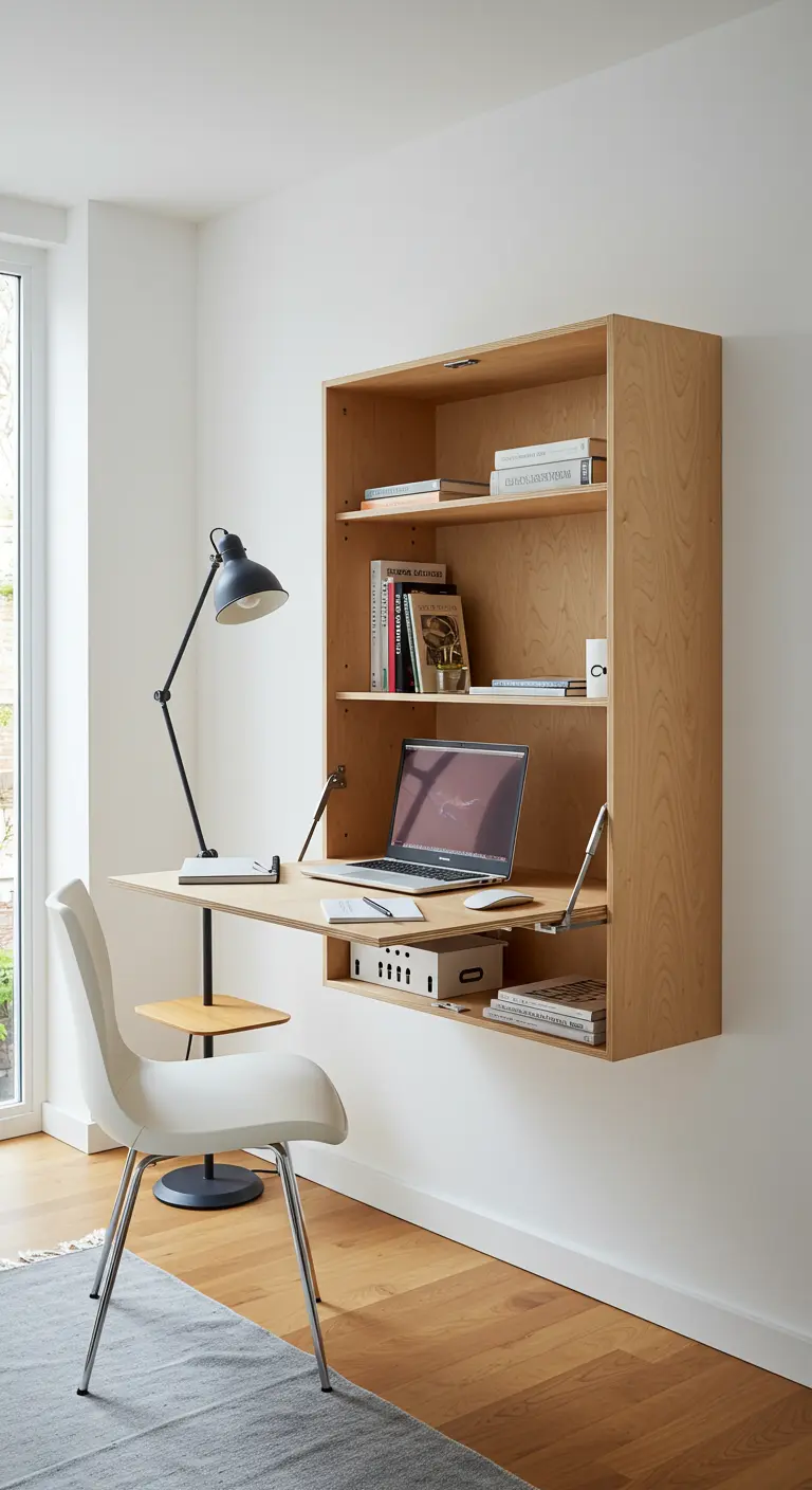 Bureau mural rabattable en bois clair avec étagères intégrées et une chaise blanche.