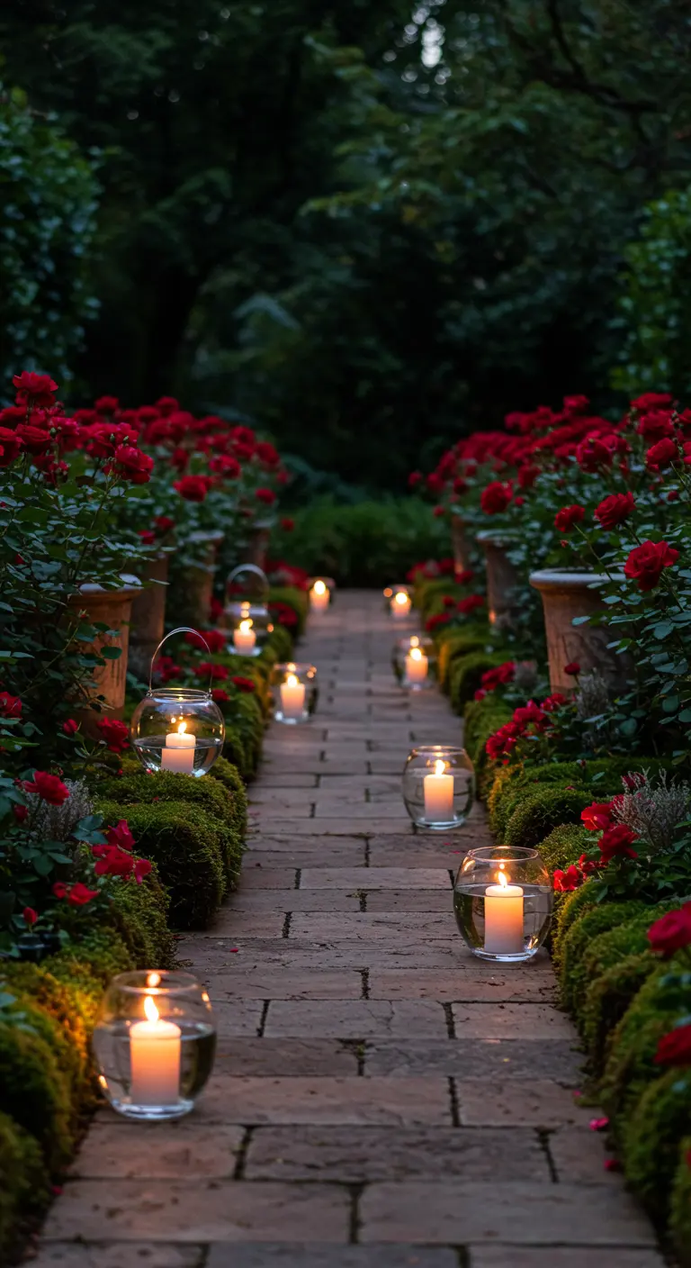 Chemin de jardin en briques bordé de rosiers et de bougies dans des vases.
