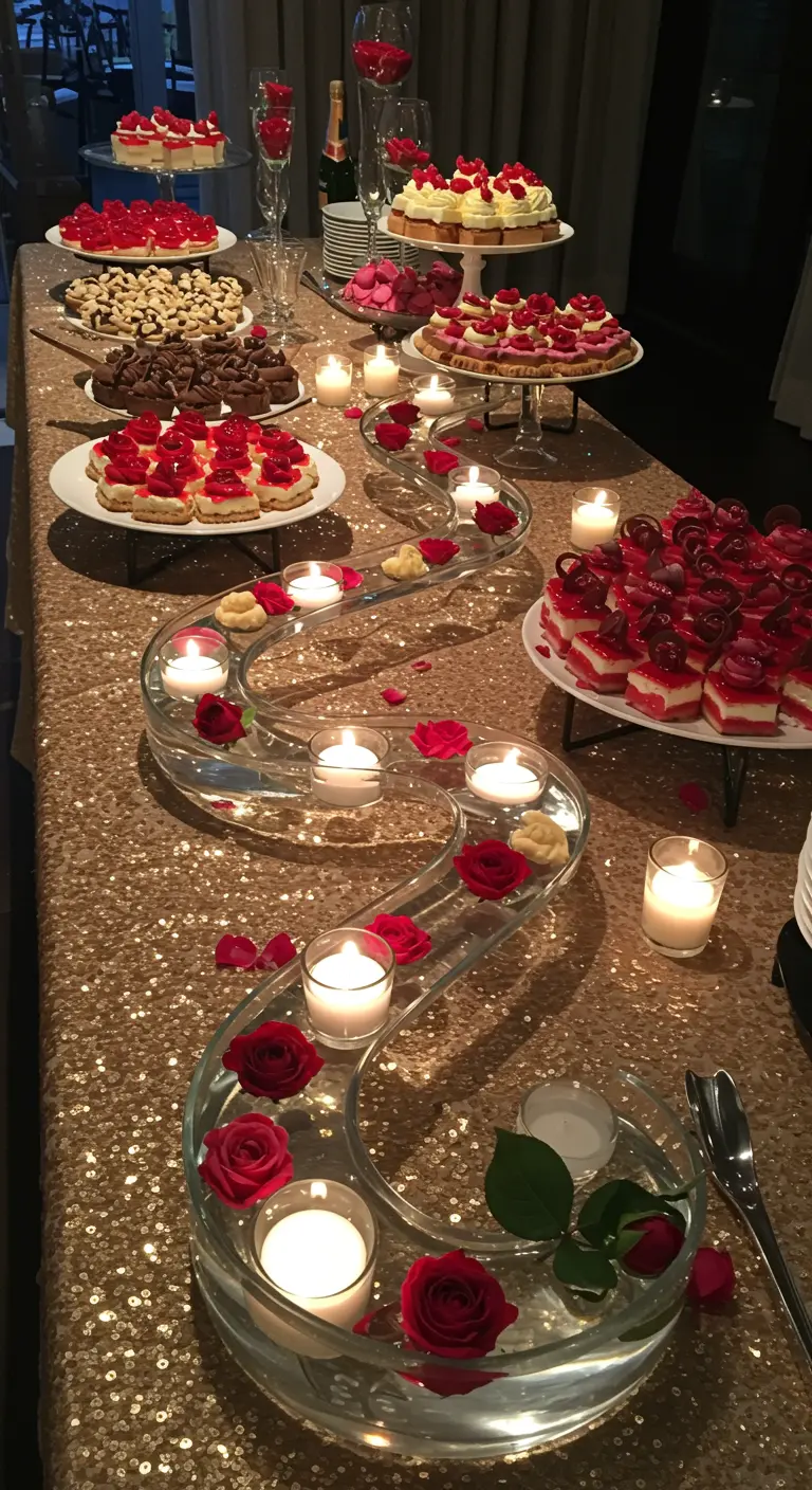 Buffet de desserts avec un chemin de table sinueux en verre rempli d'eau.