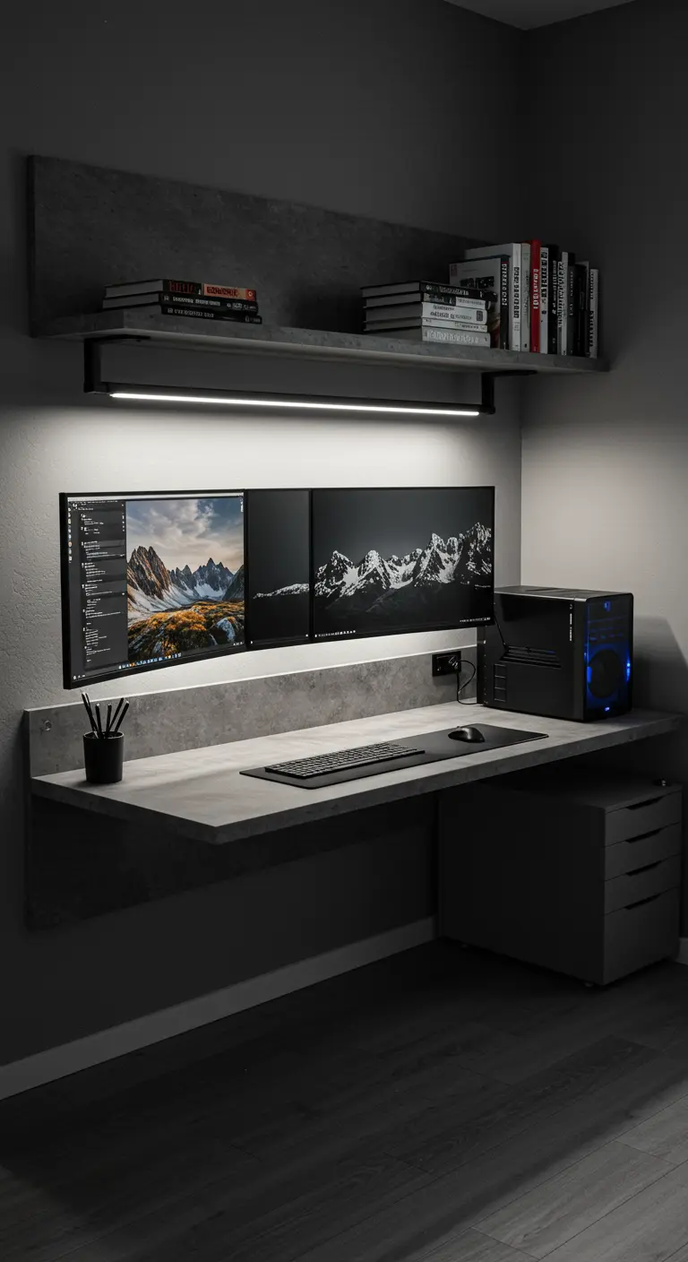 Bureau gaming sombre avec deux écrans, éclairage LED blanc et étagères effet béton.