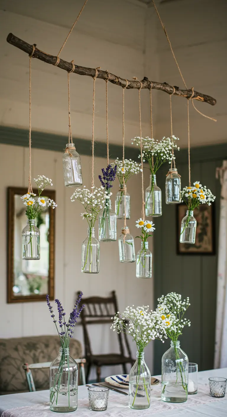 Branche d'arbre suspendue à laquelle sont attachés de petits vases avec des fleurs.