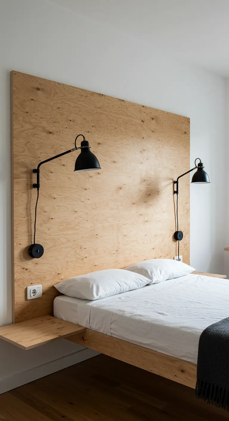 Un grand panneau de contreplaqué sert de tête de lit avec des appliques murales noires fixées dessus.