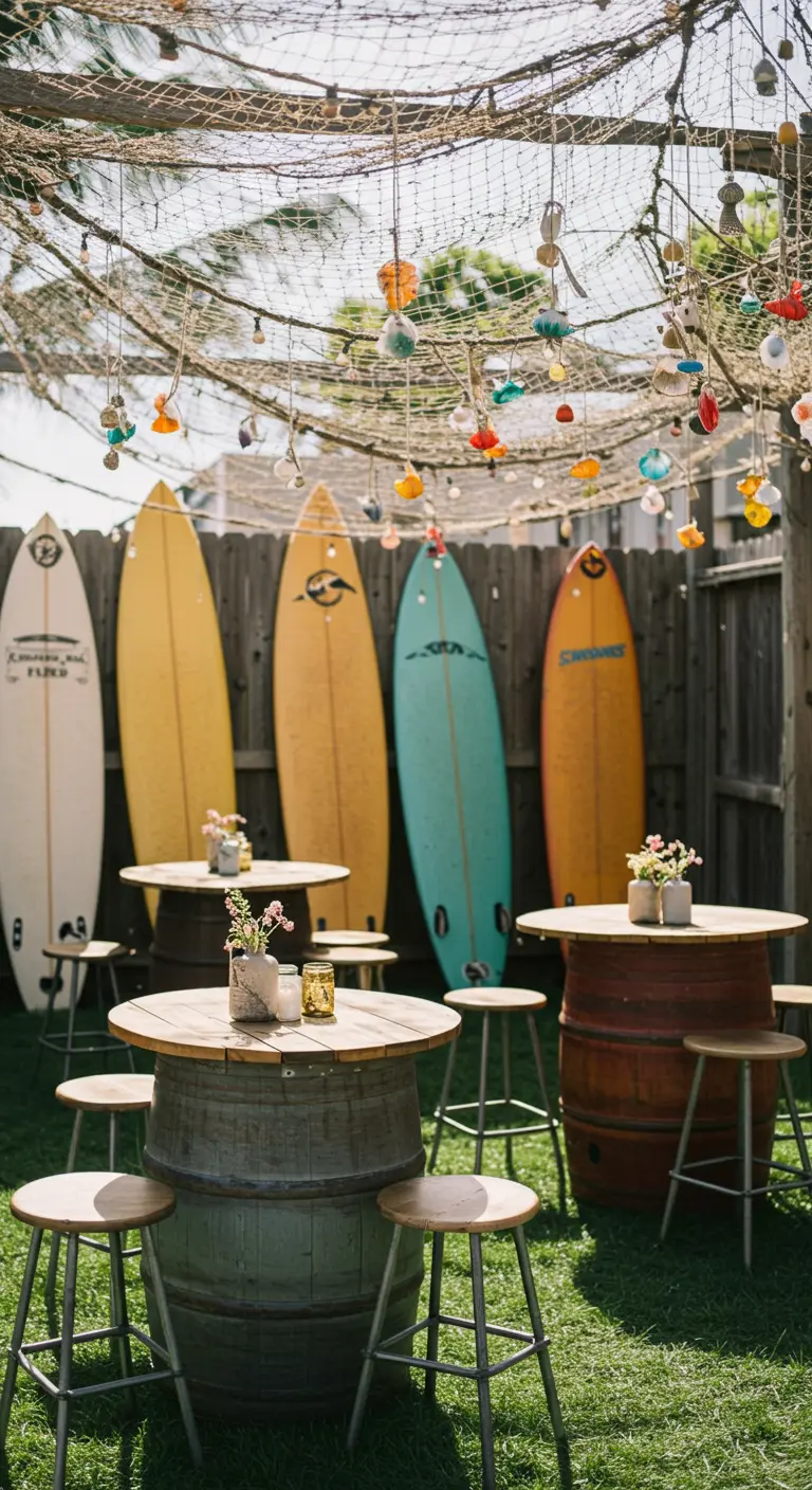 Coin festif avec des planches de surf en décor, des tonneaux comme tables et un filet de pêche.