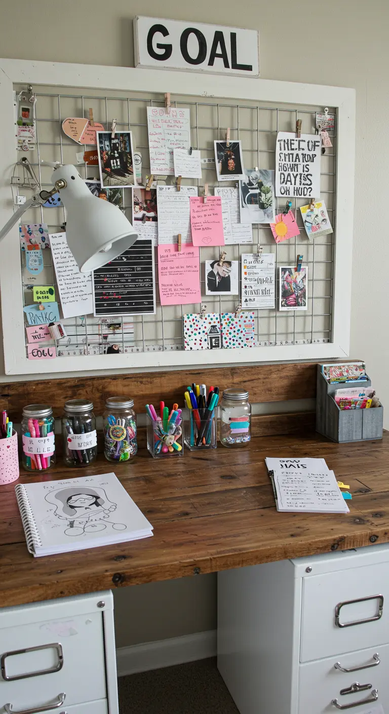 Tableau d'affichage DIY avec un cadre blanc et un grillage, rempli de photos et de notes.