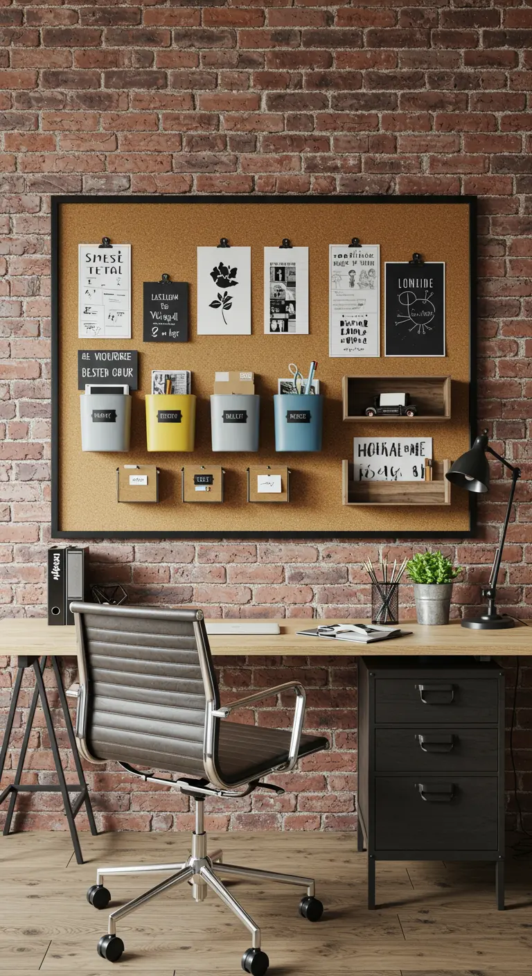 Grand tableau en liège de style industriel avec des rangements métalliques, au-dessus d'un bureau.