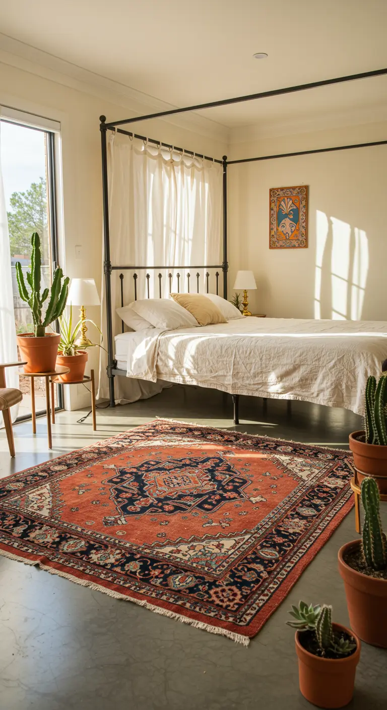 Chambre avec lit à baldaquin, grand tapis persan et plantes grasses.
