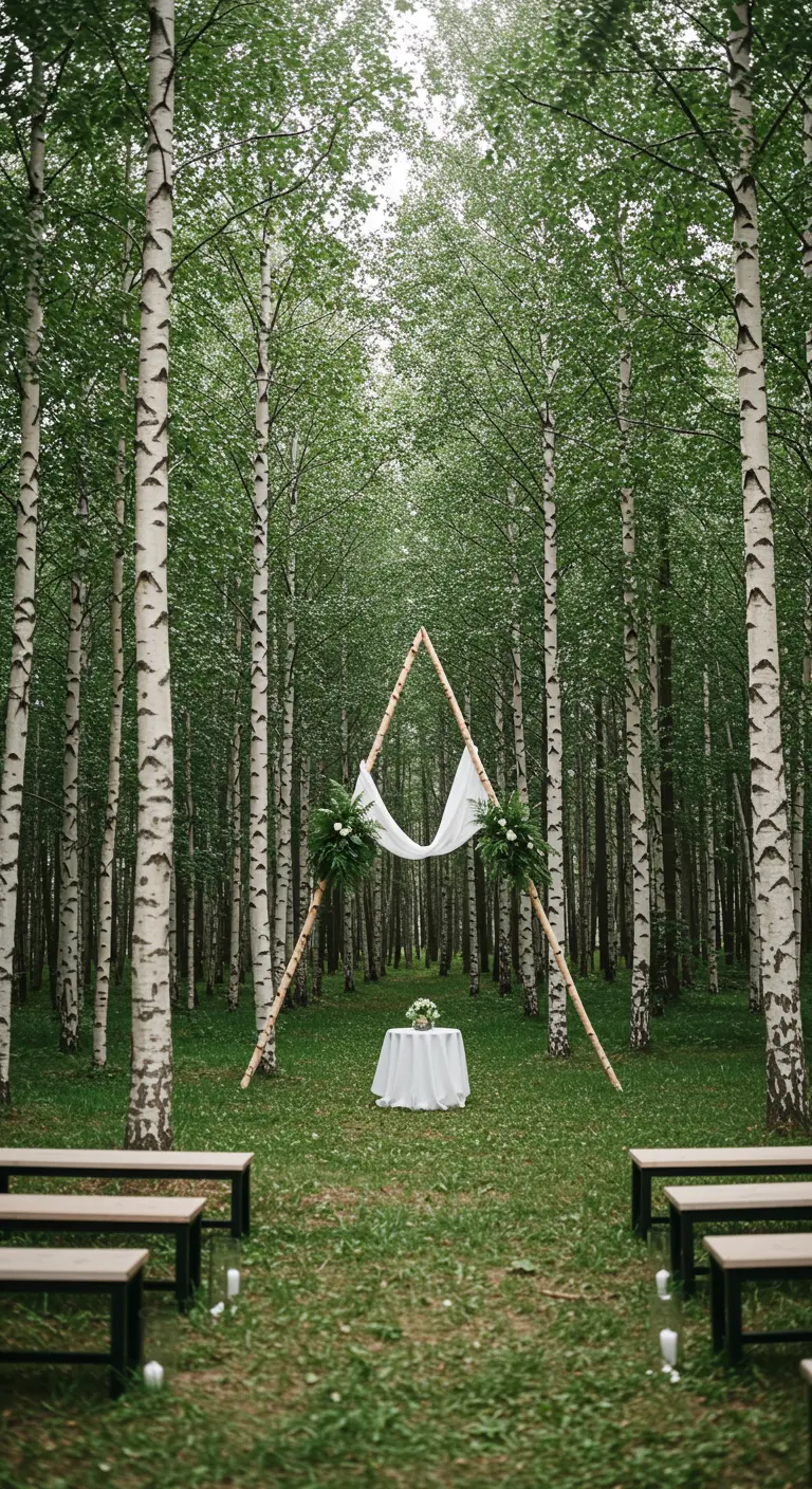 Arche de mariage en forme de tipi avec un drapé blanc dans une forêt de bouleaux.