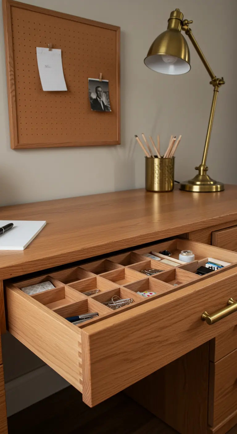 Tiroir de bureau en bois ouvert, révélant un insert compartimenté pour stylos et trombones.