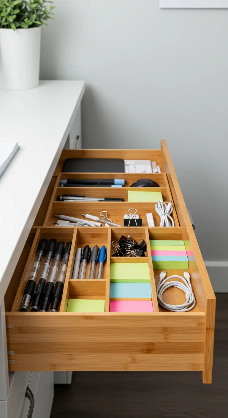 Tiroir de bureau en bois ouvert, parfaitement organisé avec des séparateurs en bambou.