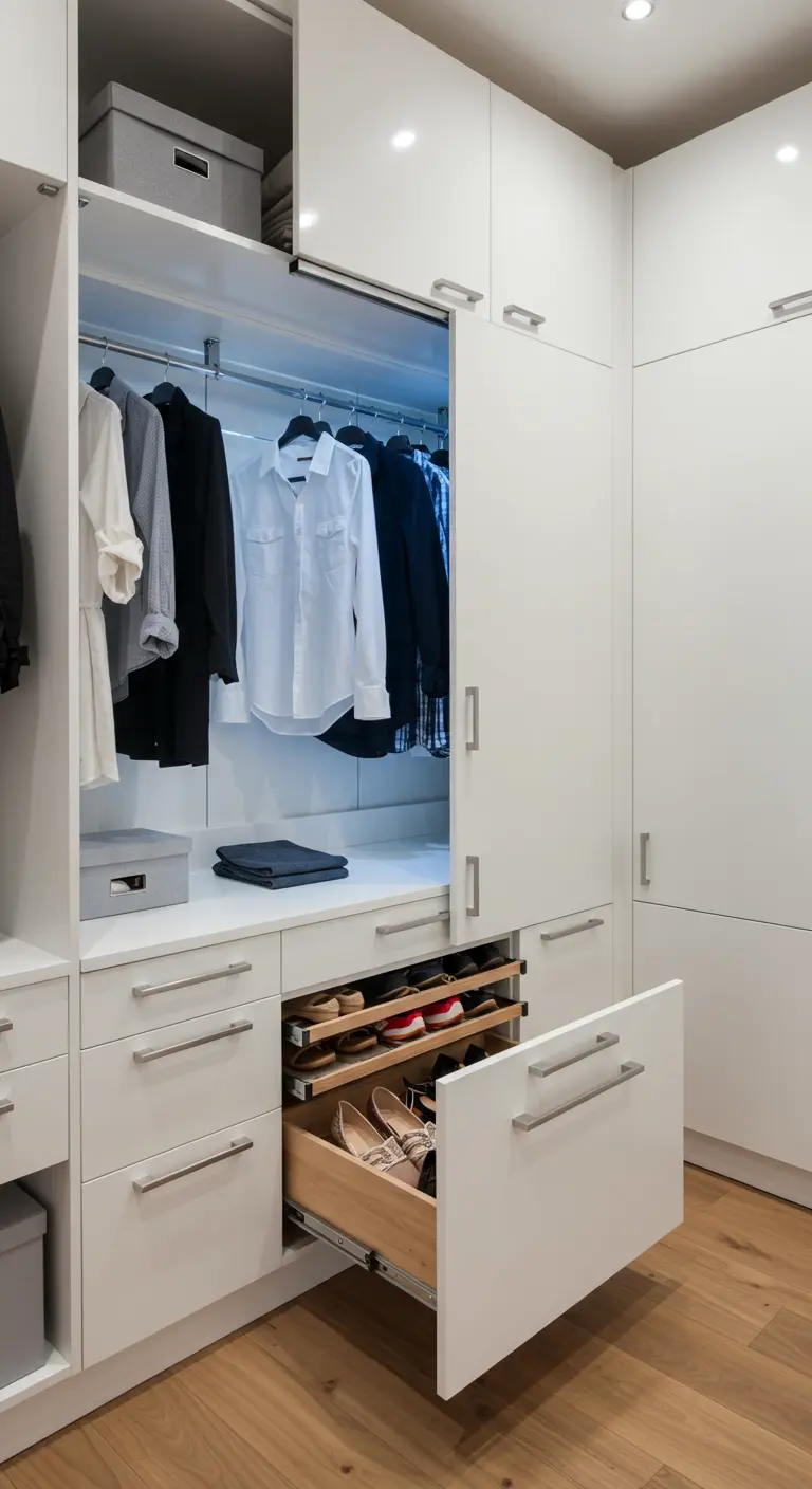 Tiroir coulissant sur deux niveaux pour ranger les chaussures dans un dressing blanc.