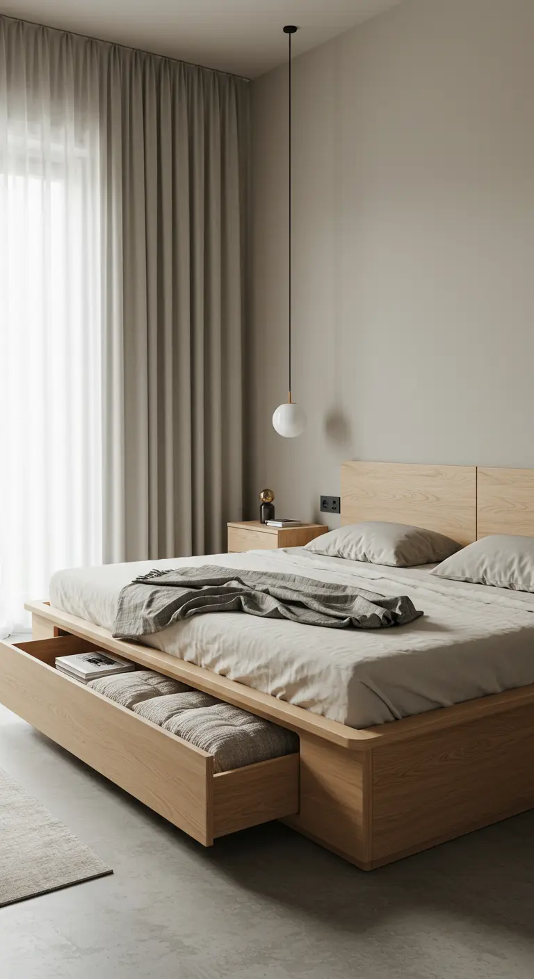 Lit en bois clair minimaliste avec un grand tiroir de rangement ouvert.