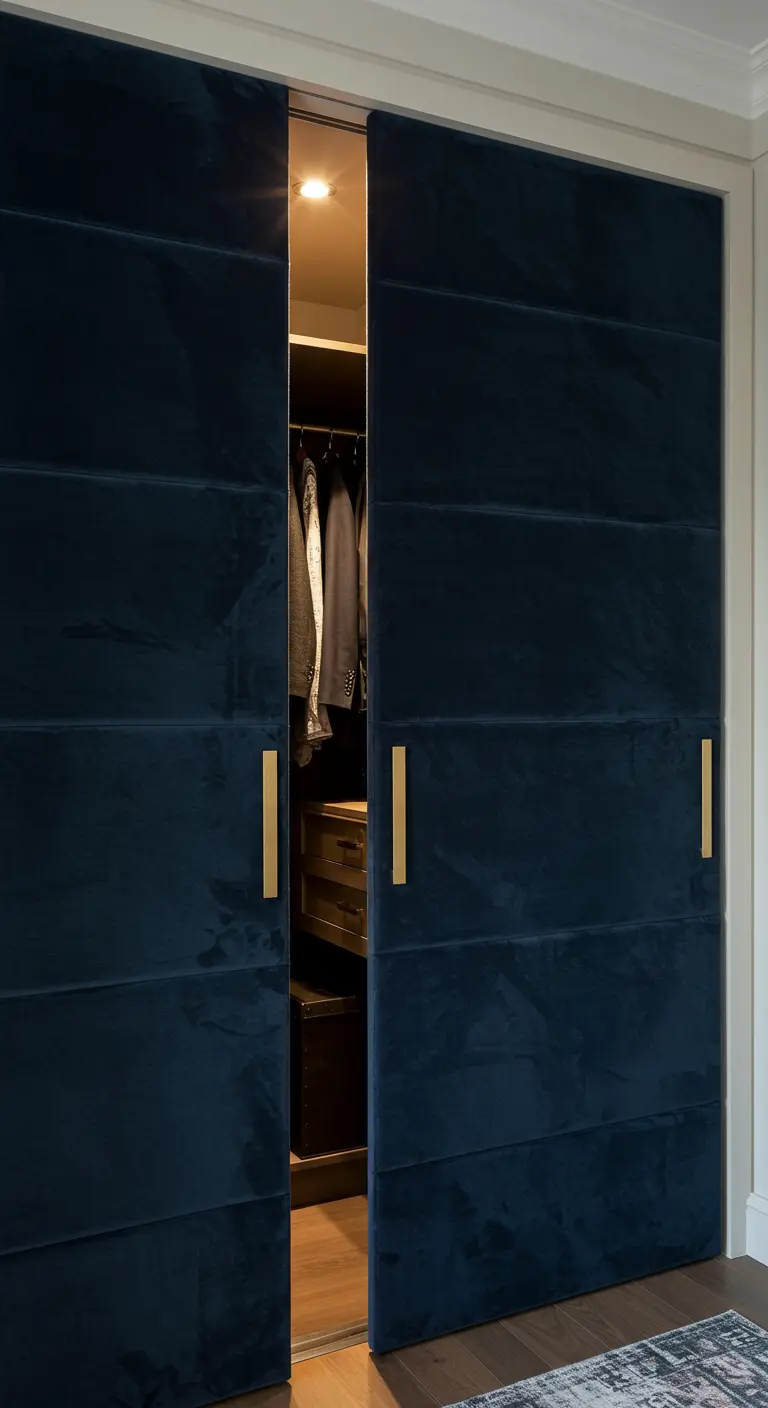 Portes de dressing coulissantes capitonnées en velours bleu nuit avec poignées dorées.