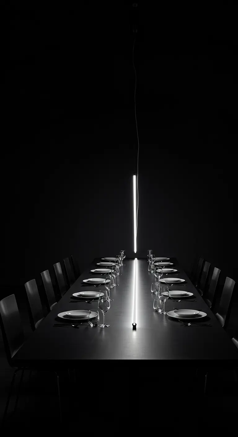 Longue table noire dans le noir, illuminée par un unique tube de lumière vertical au centre.