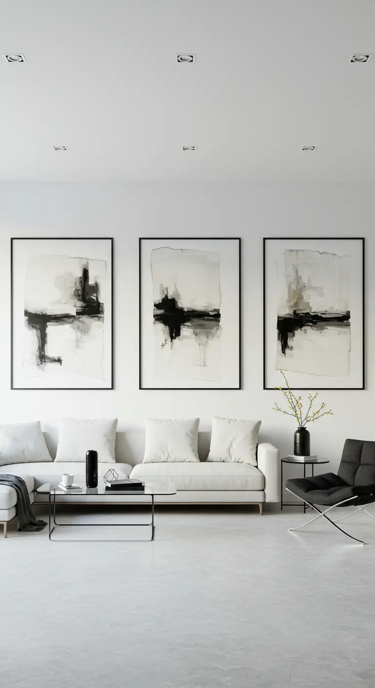 Trois grandes œuvres d'art abstrait en noir et blanc alignées sur un mur blanc au-dessus d'un canapé.