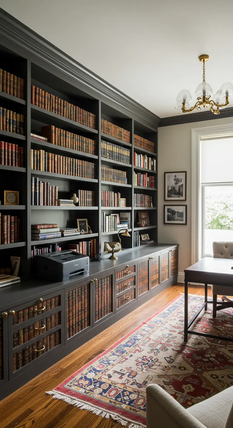 Bibliothèque traditionnelle sombre avec des portes de placard déguisées en livres anciens.