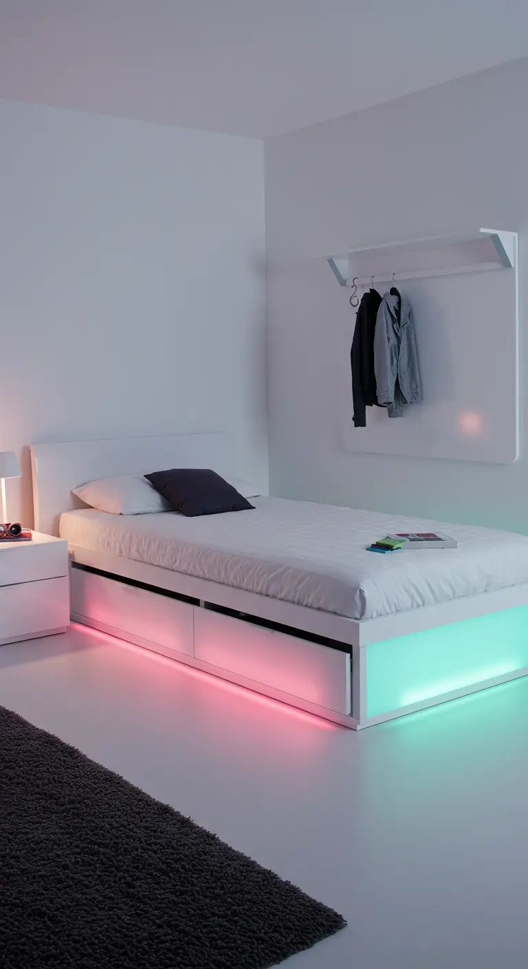 Chambre blanche minimaliste avec un lit dont les tiroirs sont éclairés par une bande de LED colorées.