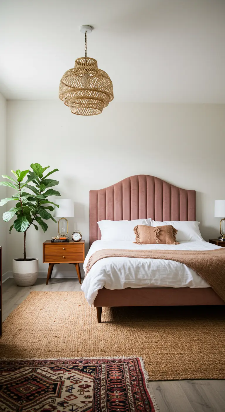 Chambre avec lit en velours rose, tapis en jute et suspension en rotin.
