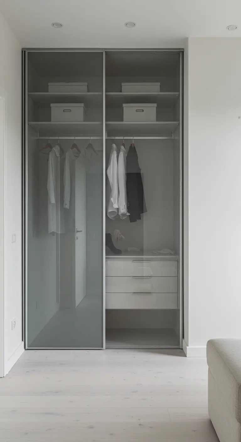Dressing moderne avec portes coulissantes en verre fumé et cadre fin.