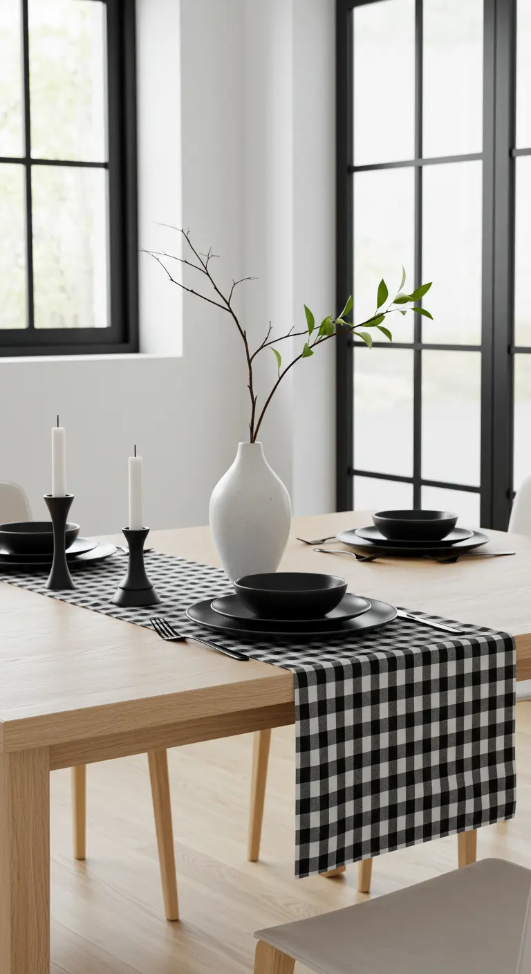 Table en bois clair avec chemin de table vichy noir et blanc, vaisselle noire.
