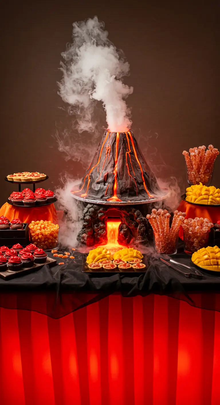 Buffet de desserts avec un grand gâteau en forme de volcan fumant au centre.