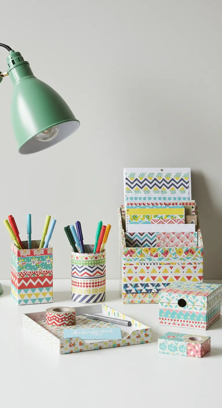 Ensemble d'accessoires de bureau colorés, décorés avec des motifs géométriques en washi tape.