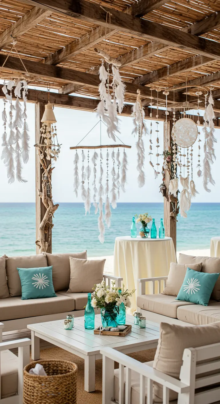 Mobiles de plumes blanches et d'attrape-rêves suspendus dans un salon de plage.