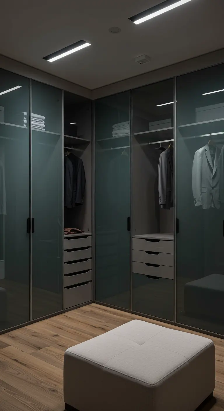 Dressing d'angle avec des portes en verre fumé gris foncé et un pouf central.